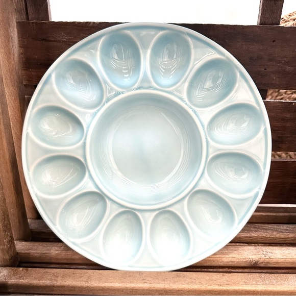 Vintage Deviled Egg Light Blue Ceramic Plate Platter Serving Dish 11” Portugal - Picture 4 of 9